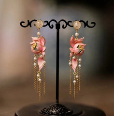 Gold Plated Enamel Lotus Pearl Tassel Earrings Chinese Style Vintage Jewelry 07FC0E-D4 - KOEEK