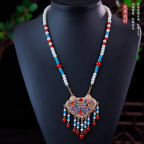 Chinese Cloisonne Blue Enamel Necklace Ethnic Hanfu Jewelry Elegant Accessory 07FC0E-D4 - KOEEK