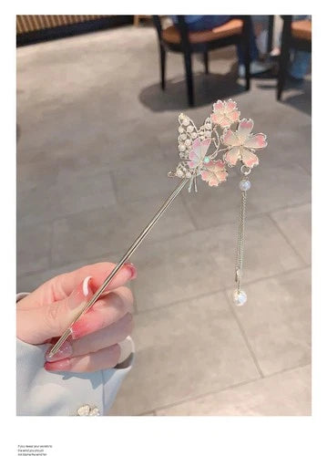 Butterfly Peach Blossom Tassel Hairpin Chinese Style Hanfu Hair Accessory 07FC0E-D4 - KOEEK
