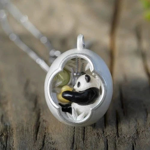 Moonstone Pendant Necklace Panda Garden Motif Cold Enamel Long Jewelry 07FC0E-D4 - KOEEK
