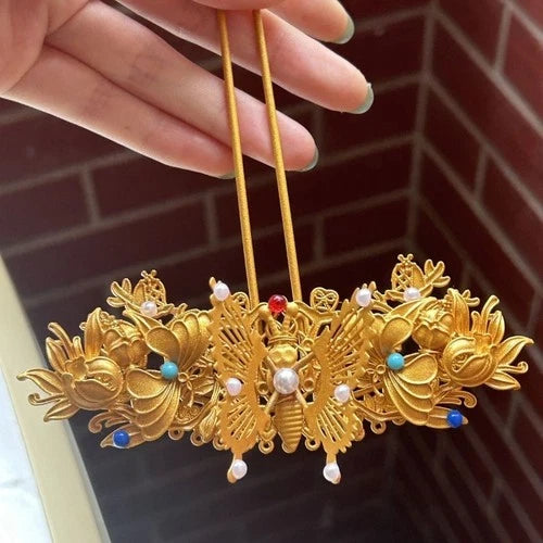 Golden Butterfly Tassel Hairpin Hanfu Headdress Traditional Bridal Hair Jewelry 07FC0E-D4 - KOEEK