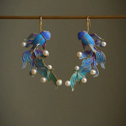 Enamel Imitation Kingfisher Koi Fish Earrings Pearl Chinese Style Jewelry Gifts 07FC0E-D4 - KOEEK