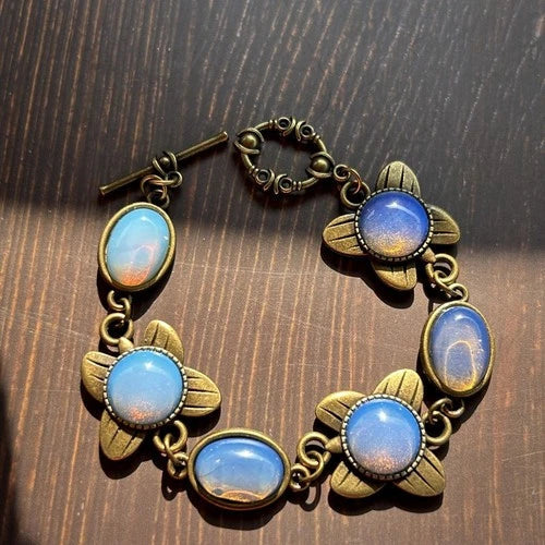 Vintage European Court Opal Bracelet Natural Stone Elegant Brass Butterfly 07FC0E-D4 - KOEEK