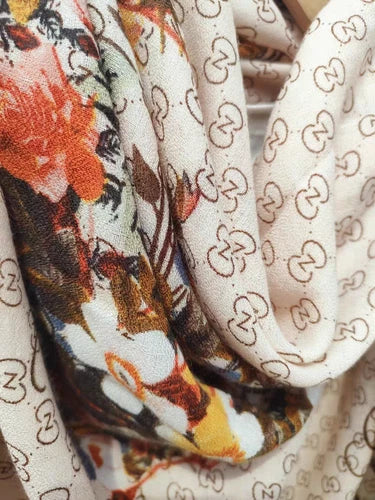 Cotton Linen Scarf 180x80CM Gray Brown Floral Print Long Wrap Shawl for Women 07FC0E-D4 - KOEEK