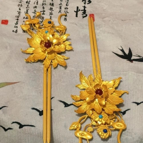 Golden Alloy Peony Hairpins Hanfu Hair Accessories Traditional Hair Jewelry 07FC0E-D4 - KOEEK