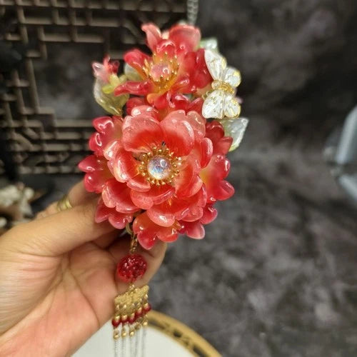 Glass Hanfu Hairpin with Tassels  Chinese Style Traditional Headpiece 07FC0E-D4 - KOEEK