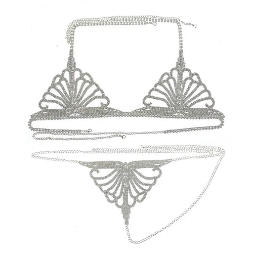 Women's Rhinestone Chain Lingerie Bra Thong Set Bikini Body Jewelry Chain Gift！！ 07FC0E-D4 - KOEEK