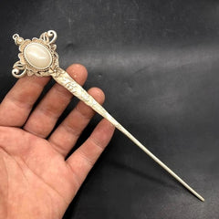 White Jade Inlaid Old Tibetan Silver Hairpin,Chinese Old Craft Made 07FC0E-D4 - KOEEK
