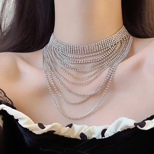 Silver Rhinestone Tassel Layered Choker Necklace Collar Jewelry for Women 07FC0E-D4 - KOEEK