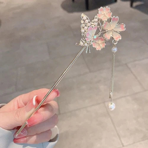 Butterfly Peach Blossom Tassel Hairpin Chinese Style Hanfu Hair Accessory 07FC0E-D4 - KOEEK