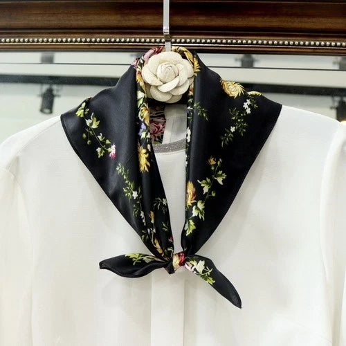 Pure Silk 21" Small Square Scarf Women Neckerchief Black White Flower Wrap 07FC0E-D4 - KOEEK