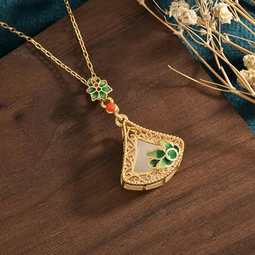 Gold Plated Fan Shape Imitation Hetian Jade Necklace Vintage Style Gift 07FC0E-D4 - KOEEK