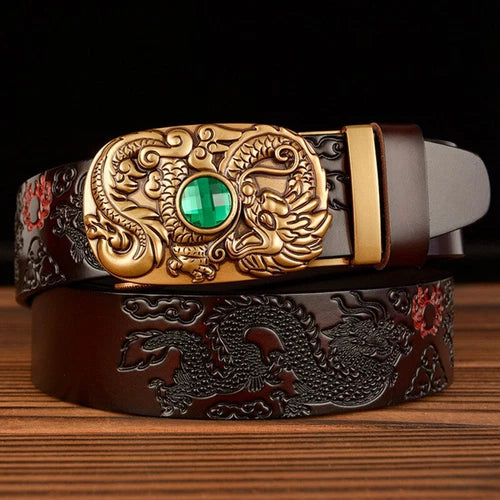 Automatic Buckle Men's Belt  Dragon Designer Leather Belt Gold Buckle Belt 07FC0E-D4 - KOEEK