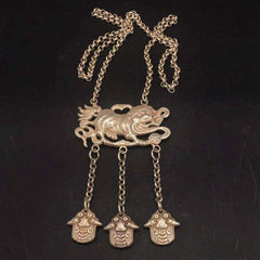 Tibetan Silver Feng Shui Lion Dog Beast Amulet Necklace Pendant Old Chinese Gift 07FC0E-D4 - KOEEK