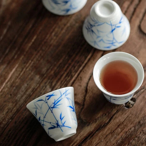 3PC Jingdezhen Hand Painted Bamboo Ceramic TeaCups White Jade Porcelain Cups 07FC0E-D4 - KOEEK