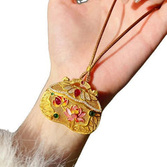 Gold Tone Inlay Pendant Necklace Chinese Filigree Ruyi Enamel Lotus Lock Jewelry 07FC0E-D4 - KOEEK