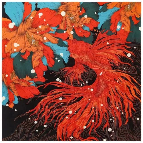 Goldfish Print Twill Scarf 130cm Square Shawl Wrap Silk Style Fashion for Women 07FC0E-D4 - KOEEK
