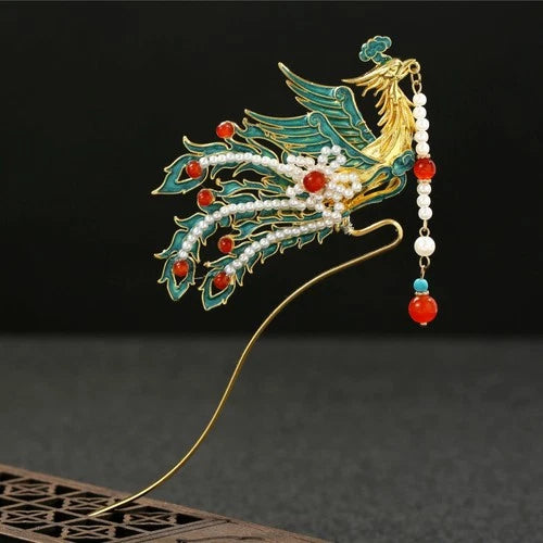 Chinese Hanfu Blue Enamel Phoenix Tassel Hairpin Vintage Style Jewelry 07FC0E-D4 - KOEEK