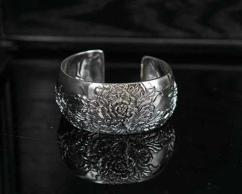 Vintage Wide Cuff Bracelet Peony Flower Open Bangle Ethnic Chic Women Jewelry 07FC0E-D4 - KOEEK