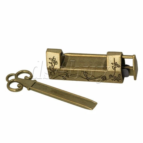 Chinese Old Style Antique Carved Bird Flower Leaf Padlock Lock With Key 07FC0E-D4 - KOEEK