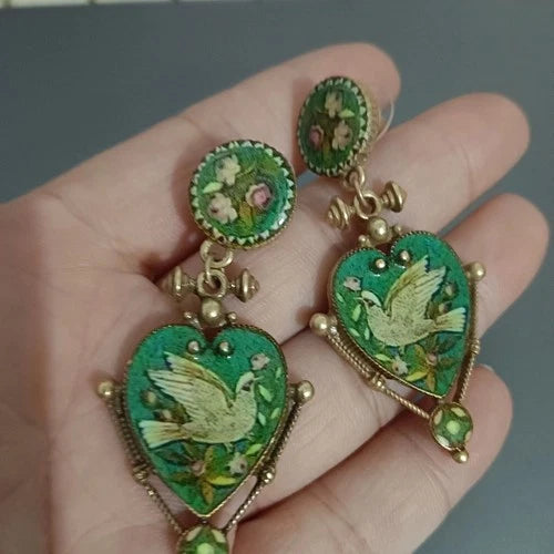 Vintage Peace Dove Earrings Heart Green Enamel Unique Retro Dangle Drops 07FC0E-D4 - KOEEK