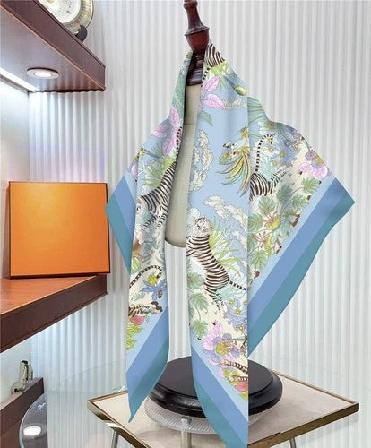 90cm Twill Silk Scarf Floral Bird Print Square Shawl Sun Protection for Women 07FC0E-D4 - KOEEK