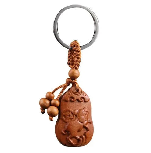 Peach Wood Hand-Carved Zodiac Pig Exquisite Key Chain Pendant Statue 07FC0E-D4 - KOEEK