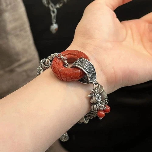 Vintage Chinese Jade Bracelet Retro Silver Tassel Beaded Bracelet for Women Gift 07FC0E-D4 - KOEEK