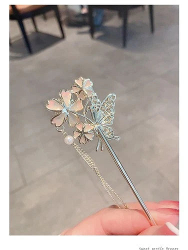 Butterfly Peach Blossom Tassel Hairpin Chinese Style Hanfu Hair Accessory 07FC0E-D4 - KOEEK