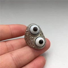 Nepal Tibetan Double Eye Dzi Agate Adjustable Ring Unisex Open Band Jewelry 07FC0E-D4 - KOEEK