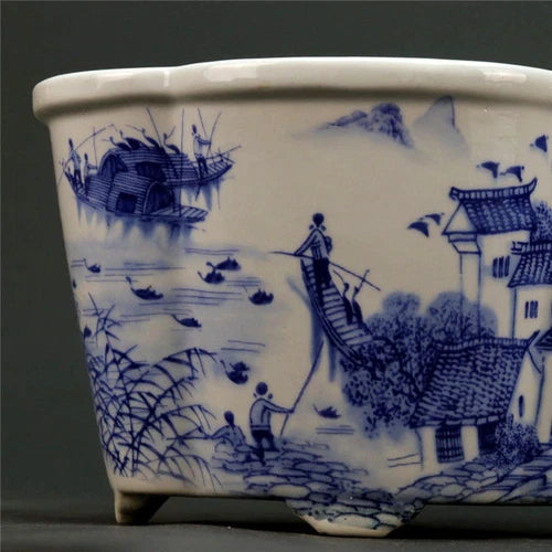 Jingdezhen Blue and White Porcelain Jiangnan Water Town Design Flowerpot 07FC0E-D4 - KOEEK