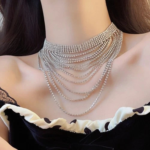 Silver Rhinestone Tassel Layered Choker Necklace Collar Jewelry for Women 07FC0E-D4 - KOEEK