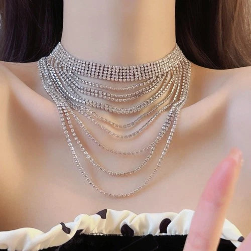 Silver Rhinestone Tassel Layered Choker Necklace Collar Jewelry for Women 07FC0E-D4 - KOEEK