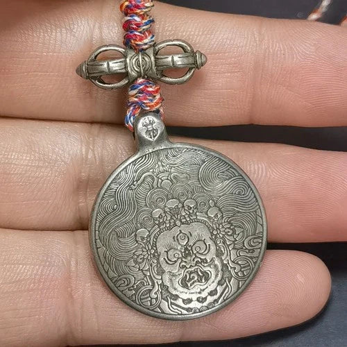 Tibetan White Copper Nine Palaces Tag Mahakala Wealth God Bag Charm with Rope 07FC0E-D4 - KOEEK