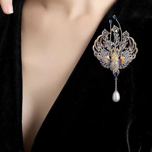 Chinese Style Phoenix Brooch Enamel Pearl Tassel Pin Suit Coat Jewelry Accessory 07FC0E-D4 - KOEEK