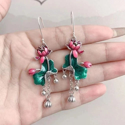 Cloisonne Lotus Leaf Tassel Earrings Vintage Ethnic Long Dangle Jewelry 07FC0E-D4 - KOEEK