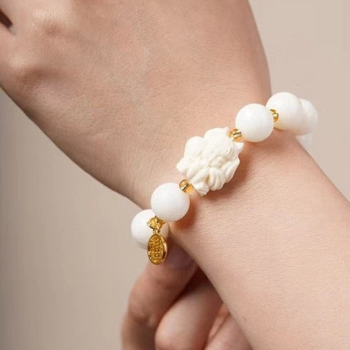 White Jade Bodhi Beads Bracelet Nine-Tailed Fox  Hand String Unisex 07FC0E-D4 - KOEEK