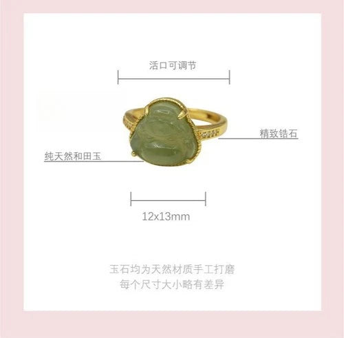 Hetian Jade Ring Female Laughing Buddha Carved Stone Adjustable Jewelry 07FC0E-D4 - KOEEK