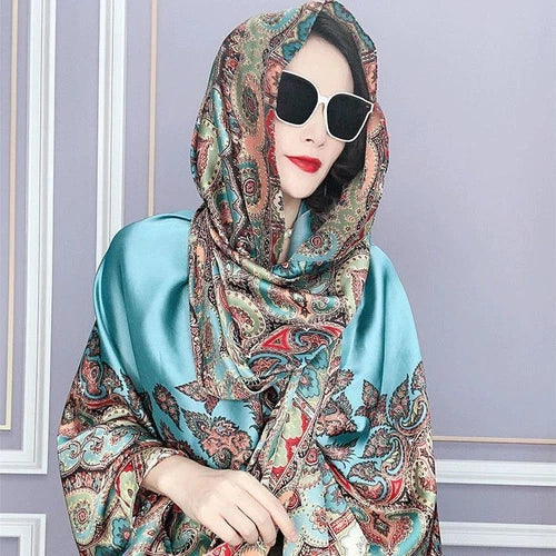 Satin Long Scarf Sun Protection Wrap Shawl Beach Cover Ethnic Style Qipao Scarf 07FC0E-D4 - KOEEK