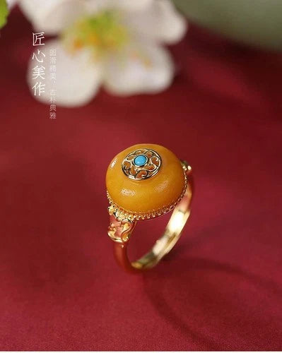 Yellow Glass Pi Xiu Ring Vintage Adjustable Wealth Ring for Women 07FC0E-D4 - KOEEK