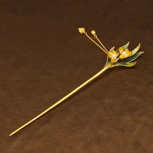 Cloisonne Daffodil Hairpin Chinese Style Tassel Hanfu Traditional Hair Jewelry 07FC0E-D4 - KOEEK