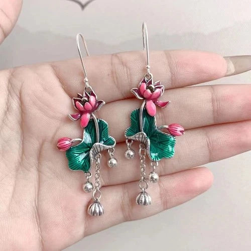 Cloisonne Lotus Leaf Tassel Earrings Vintage Ethnic Long Dangle Jewelry 07FC0E-D4 - KOEEK