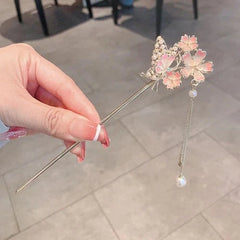 Butterfly Peach Blossom Tassel Hairpin Chinese Style Hanfu Hair Accessory 07FC0E-D4 - KOEEK