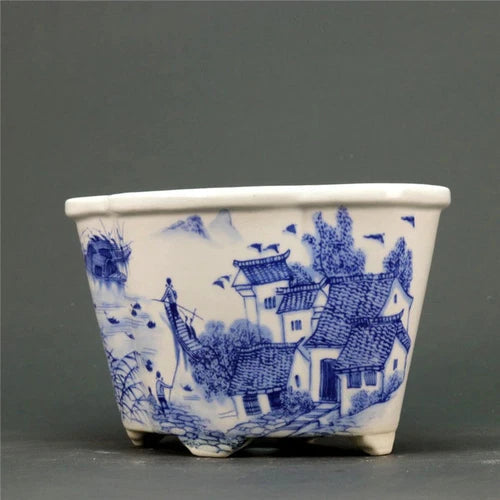 Jingdezhen Blue and White Porcelain Jiangnan Water Town Design Flowerpot 07FC0E-D4 - KOEEK