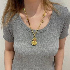 Vintage Cloisonné Gold Gourd Pendant - Chinese Lucky Enamel Sweater Chain Women 07FC0E-D4 - KOEEK