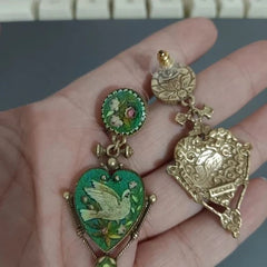 Vintage Peace Dove Earrings Heart Green Enamel Unique Retro Dangle Drops 07FC0E-D4 - KOEEK