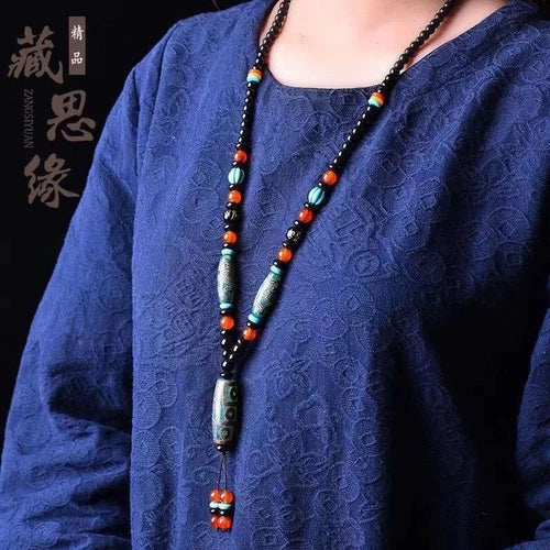 Tibetan Dzi Bead Pendant Necklace Nine Eye Three Eye Agate Carnelian Amulet 07FC0E-D4 - KOEEK