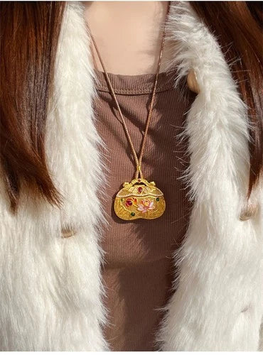 Gold Tone Inlay Pendant Necklace Chinese Filigree Ruyi Enamel Lotus Lock Jewelry 07FC0E-D4 - KOEEK