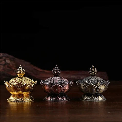 Lotus Flower Incense Burner Buddhism Holder Brass Mini Sandalwood Censer Incense 07FC0E-D4 - KOEEK