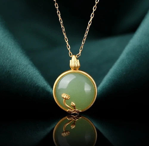 Vintage 925 Silver Gold-Plated Jade Jadeite Pendant Necklace with Lotus Blossom 07FC0E-D4 - KOEEK